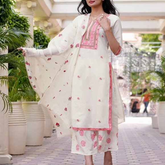Shivansh Creations Off White, Pink & Green Embroidered Cotton Kurta Set, S-2XL - Picture 3 of 7